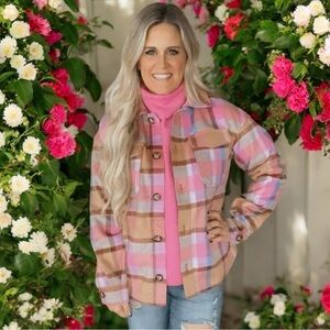 NEW Avec Les Filles Pink Multicolor Plaid Comfy Ali Shacket Women’s Size S
